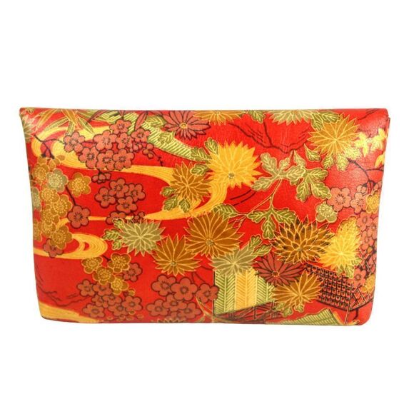 VTG HANDCRAFTED RED MULTICOLOR GENUINE LEATHER FLORAL ASIAN PRINT CLUTCH POUCH